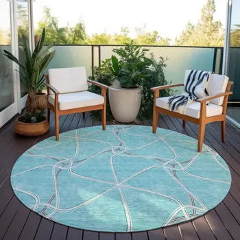 8' Teal Blue And Ivory Round Geometric Washable Indoor Outdoor Area Rug