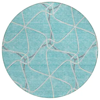 8' Teal Blue And Ivory Round Geometric Washable Indoor Outdoor Area Rug