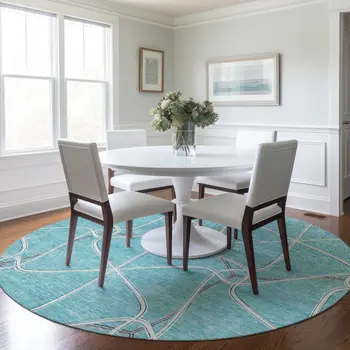 8' Teal Blue And Ivory Round Geometric Washable Indoor Outdoor Area Rug