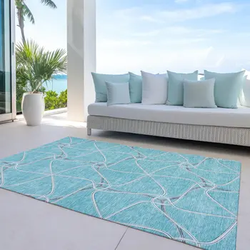 8' X 10' Teal Blue And Ivory Geometric Washable Indoor Outdoor Area Rug