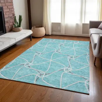 8' X 10' Teal Blue And Ivory Geometric Washable Indoor Outdoor Area Rug