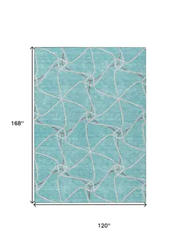10' X 14' Teal Blue And Ivory Geometric Washable Indoor Outdoor Area Rug