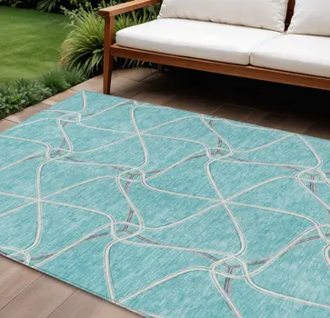 10' X 14' Teal Blue And Ivory Geometric Washable Indoor Outdoor Area Rug