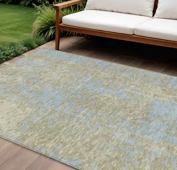 9' X 12' Beige And Blue Abstract Washable Indoor Outdoor Area Rug