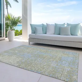 9' X 12' Beige And Blue Abstract Washable Indoor Outdoor Area Rug