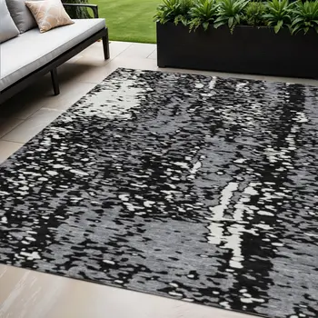5' X 8' Black And Gray Abstract Washable Indoor Outdoor Area Rug