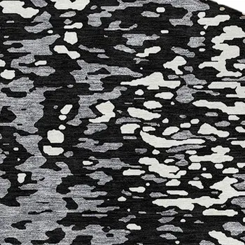 8' Black And Gray Round Abstract Washable Indoor Outdoor Area Rug