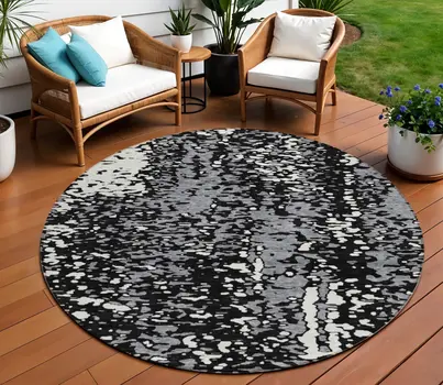 8' Black And Gray Round Abstract Washable Indoor Outdoor Area Rug