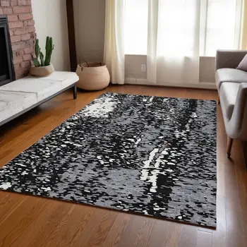 9' X 12' Black And Gray Abstract Washable Indoor Outdoor Area Rug