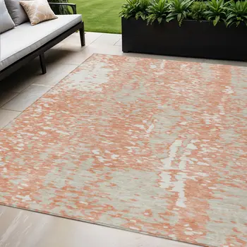 5' X 8' Coral And Ivory Abstract Washable Indoor Outdoor Area Rug