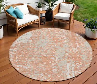8' Coral And Ivory Round Abstract Washable Indoor Outdoor Area Rug