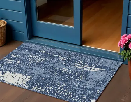 3' X 5' Denim Blue And Ivory Abstract Washable Indoor Outdoor Area Rug