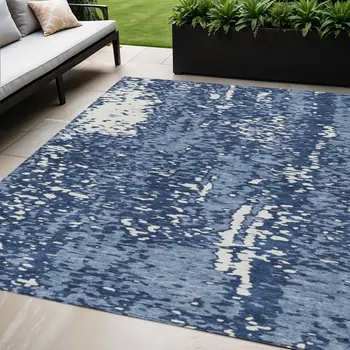 5' X 8' Denim Blue And Ivory Abstract Washable Indoor Outdoor Area Rug