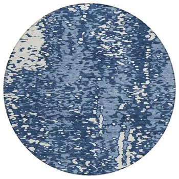 8' Denim Blue And Ivory Round Abstract Washable Indoor Outdoor Area Rug