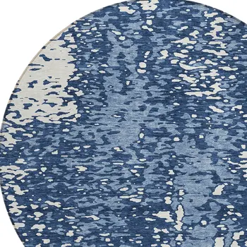 8' Denim Blue And Ivory Round Abstract Washable Indoor Outdoor Area Rug