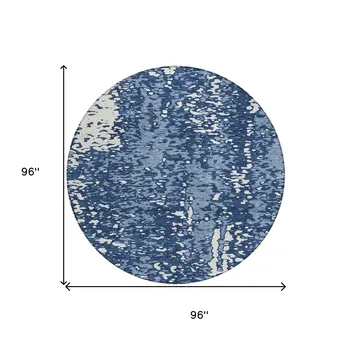8' Denim Blue And Ivory Round Abstract Washable Indoor Outdoor Area Rug