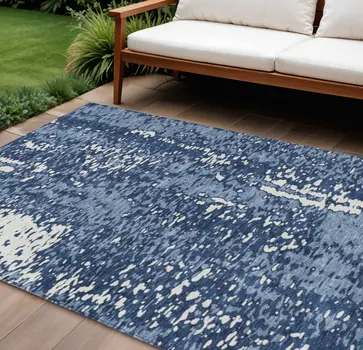8' X 10' Denim Blue And Ivory Abstract Washable Indoor Outdoor Area Rug