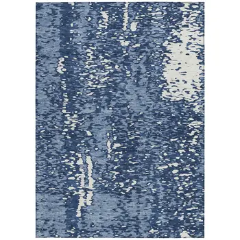 9' X 12' Denim Blue And Ivory Abstract Washable Indoor Outdoor Area Rug
