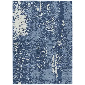 9' X 12' Denim Blue And Ivory Abstract Washable Indoor Outdoor Area Rug