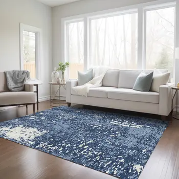 9' X 12' Denim Blue And Ivory Abstract Washable Indoor Outdoor Area Rug