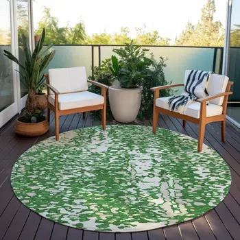 8' Emerald And Ivory Round Abstract Washable Indoor Outdoor Area Rug