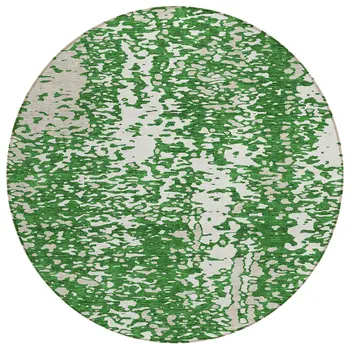 8' Emerald And Ivory Round Abstract Washable Indoor Outdoor Area Rug