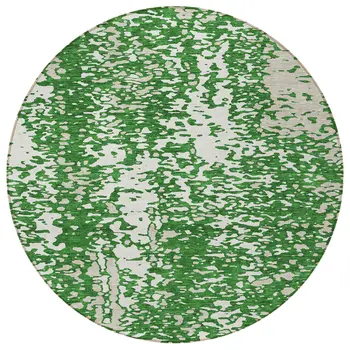 8' Emerald And Ivory Round Abstract Washable Indoor Outdoor Area Rug
