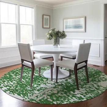 8' Emerald And Ivory Round Abstract Washable Indoor Outdoor Area Rug