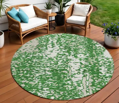 8' Emerald And Ivory Round Abstract Washable Indoor Outdoor Area Rug
