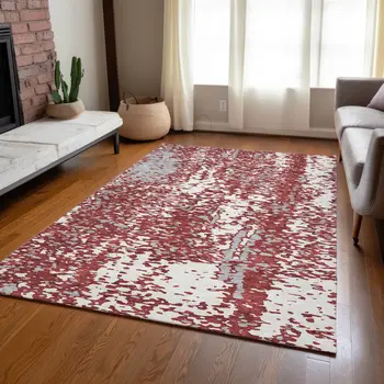5' X 8' Burgundy And Ivory Abstract Washable Indoor Outdoor Area Rug