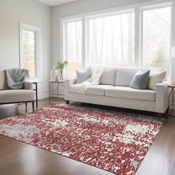 5' X 8' Burgundy And Ivory Abstract Washable Indoor Outdoor Area Rug