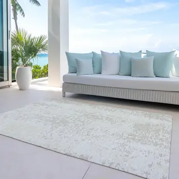 8' X 10' Ivory And Beige Abstract Washable Indoor Outdoor Area Rug