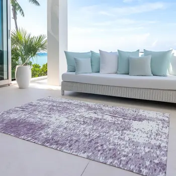 3' X 5' Lavender And Ivory Abstract Washable Indoor Outdoor Area Rug