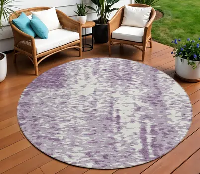 8' Lavender And Ivory Round Abstract Washable Indoor Outdoor Area Rug