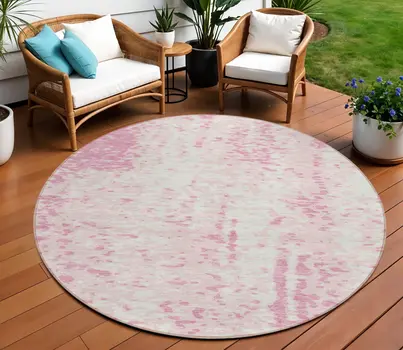 8' Pink And Ivory Round Abstract Washable Indoor Outdoor Area Rug