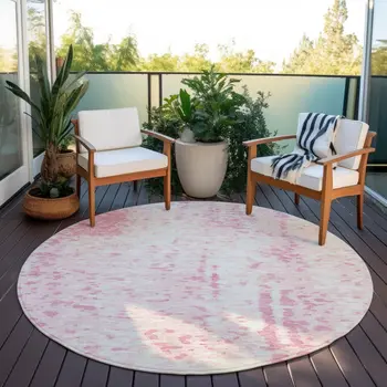 8' Pink And Ivory Round Abstract Washable Indoor Outdoor Area Rug