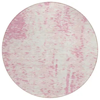 8' Pink And Ivory Round Abstract Washable Indoor Outdoor Area Rug