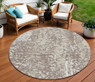 8' Taupe And Ivory Round Abstract Washable Indoor Outdoor Area Rug