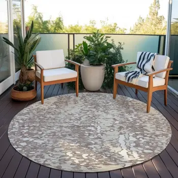 8' Taupe And Ivory Round Abstract Washable Indoor Outdoor Area Rug