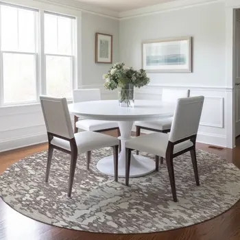 8' Taupe And Ivory Round Abstract Washable Indoor Outdoor Area Rug