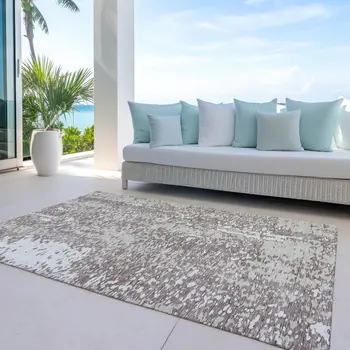 10' X 14' Taupe And Ivory Abstract Washable Indoor Outdoor Area Rug