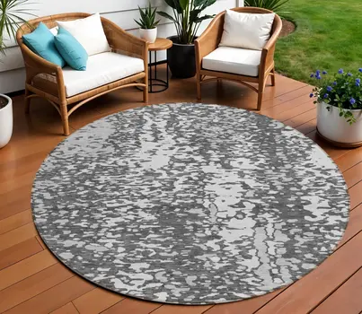 8' Charcoal And Silver Round Abstract Washable Indoor Outdoor Area Rug