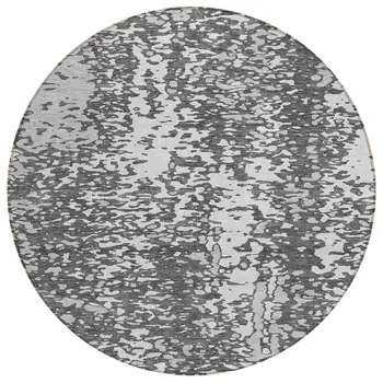 8' Charcoal And Silver Round Abstract Washable Indoor Outdoor Area Rug