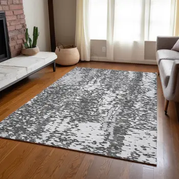 10' X 14' Charcoal And Silver Abstract Washable Indoor Outdoor Area Rug