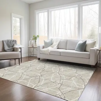 5' X 8' Beige And Ivory Geometric Washable Indoor Outdoor Area Rug