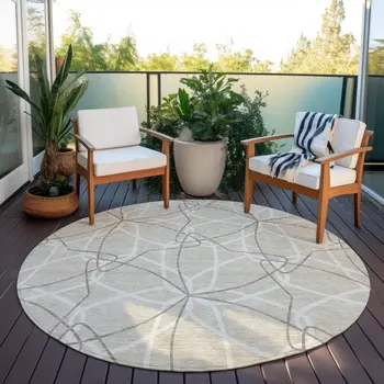 8' Beige And Ivory Round Geometric Washable Indoor Outdoor Area Rug