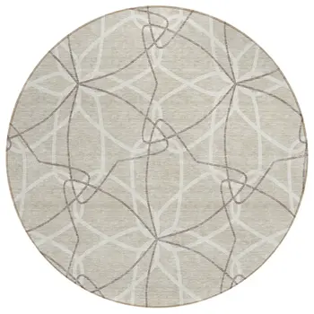 8' Beige And Ivory Round Geometric Washable Indoor Outdoor Area Rug