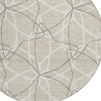8' Beige And Ivory Round Geometric Washable Indoor Outdoor Area Rug