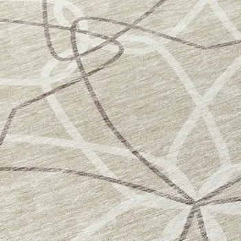 8' Beige And Ivory Round Geometric Washable Indoor Outdoor Area Rug