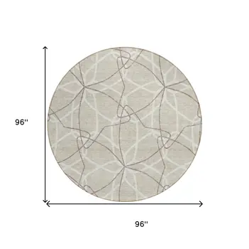 8' Beige And Ivory Round Geometric Washable Indoor Outdoor Area Rug